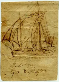 A detailed ink drawing of a clipper ship signed by George Washington