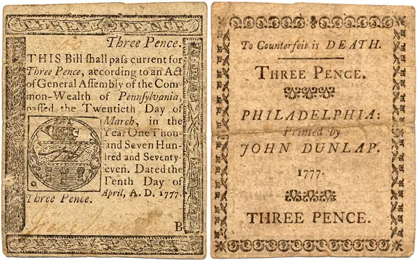 Front and Back of a Colonial Bill worth three pence